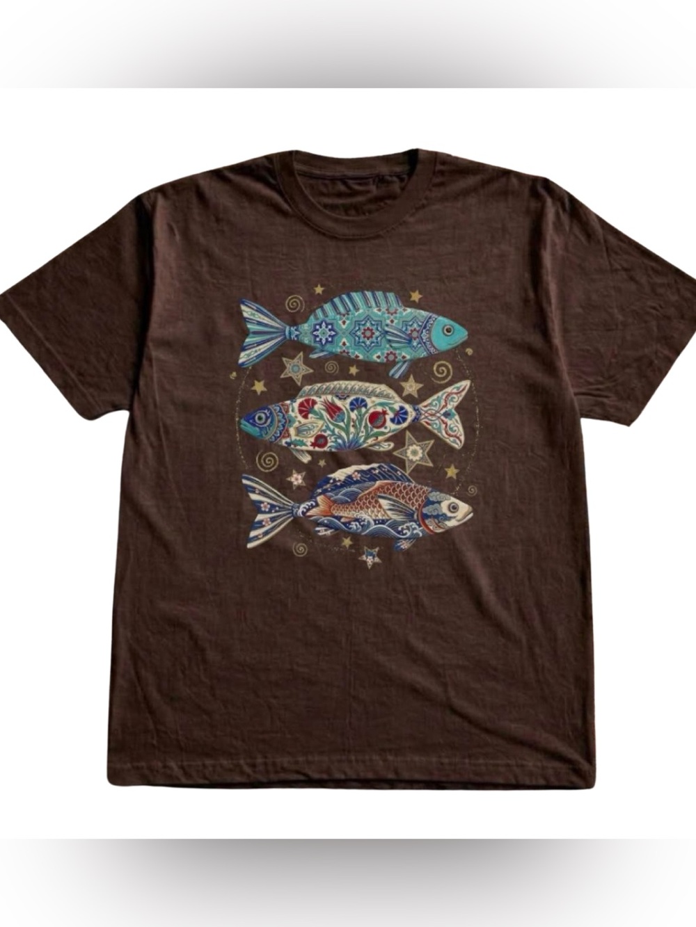 Colorful Decorative Fish Graphic Tee in Dark Brown - Vintage Retro Style